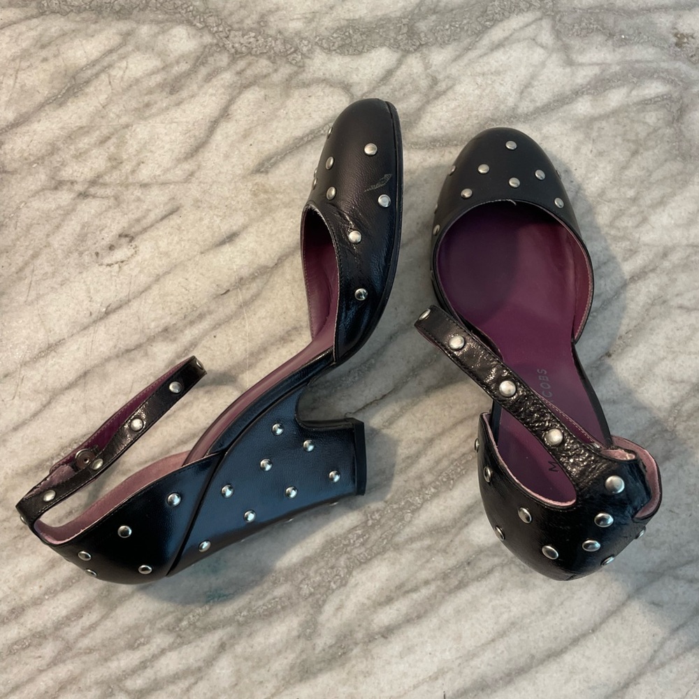 Marc Jacobs studded leather high heel wedge style ankle strap pumps size 7.5 - Picture 5 of 10